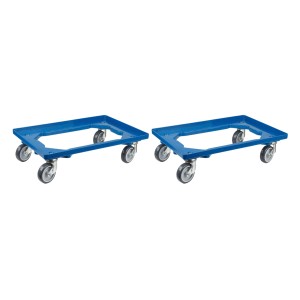 Zwei blaue PROREGAL Transportroller für Euroboxen (60x40 cm) mit Gummirädern und Lenkrollen.