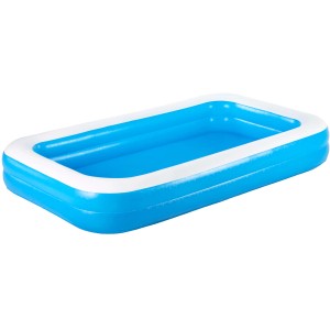 Blauer Bestway Family Pool, 305x183x46 cm, rechteckig, mit weißen Luftringen.