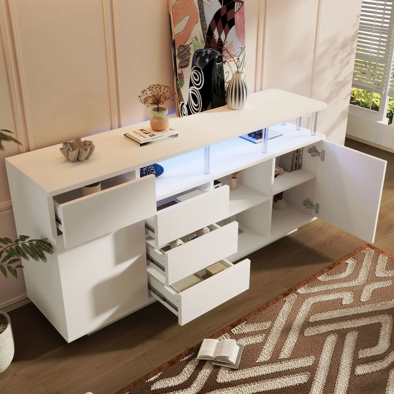 Weißes Merax Sideboard 160 cm mit LED-Beleuchtung, Acrylstützen, Schubladen & Türen für Stauraum im Wohnzimmer.