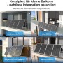 SUNSHARE Solarpanel auf vier Balkonen mit Geländer, Glas, Abschirmung und Metall. Balkonkraftwerk.