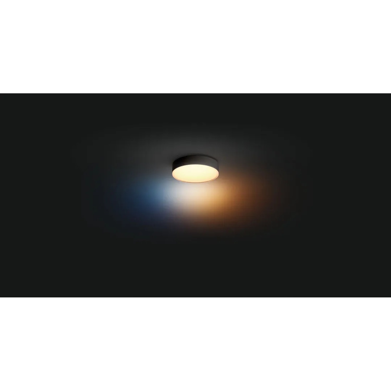 Schwarze Philips Hue Enrave S Deckenleuchte mit Dimmer und warmweißem Licht.