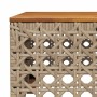 Detailansicht: Beige Poly Rattan Gartenmöbel mit Akazienholz Tischplatte.
