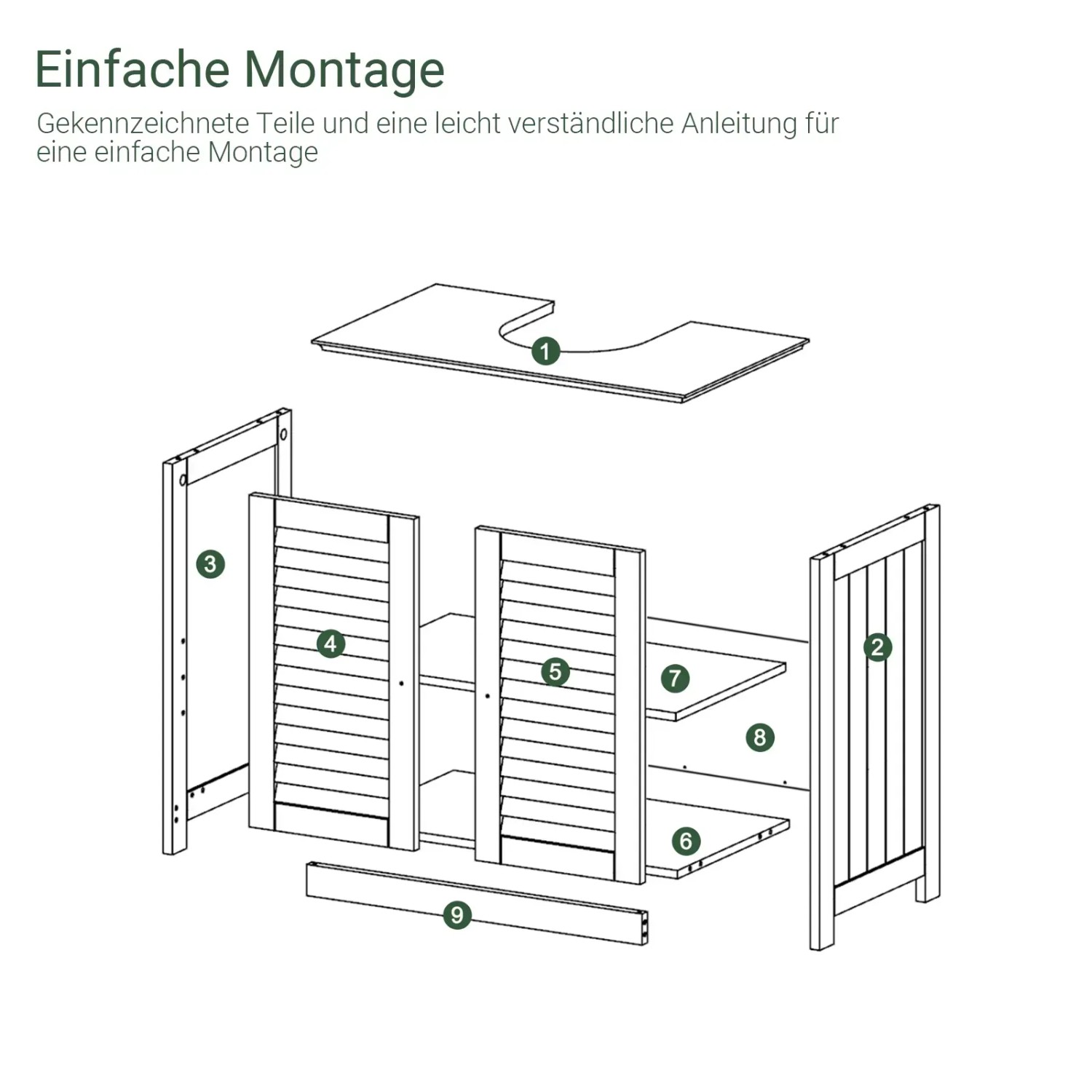 Aufbauanleitung für SoBuy Waschbeckenunterschrank weiß. Zeigt alle MDF-Teile mit Lamellentüren zur einfachen Montage.