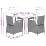 vidaXL 5-tlg. Garten-Essgruppe aus schwarzem Poly Rattan mit Kissen, Maße eingezeichnet.
