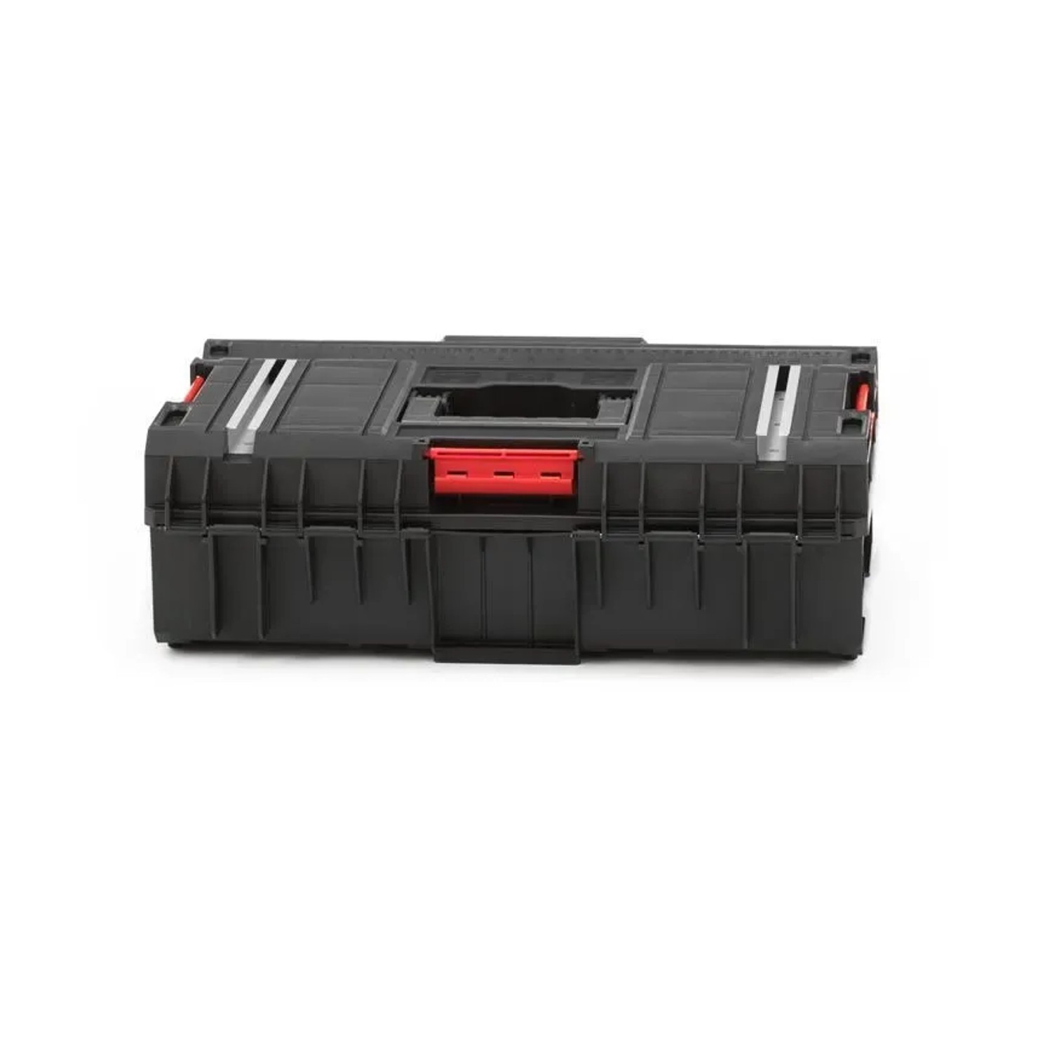 Schwarzer PROREGAL QBRICK Werkzeugkasten One mit Aluschienen und rotem Griff.