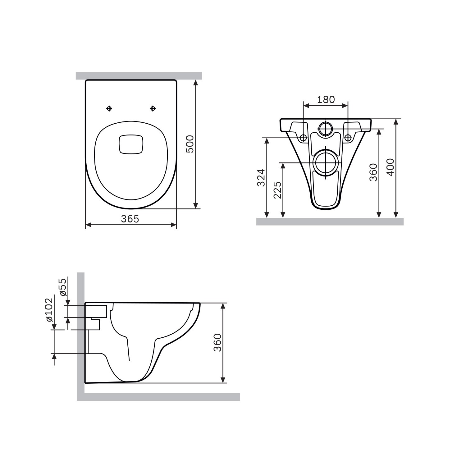 Technische Zeichnung AM.PM WC-Set Wand-WC mit Maßen für Installation und Design.