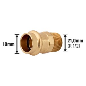 Übergangsnippel aus Rotguss, 18 mm x 21 mm (R 1/2), für Pressfittings in Heizung und Sanitär.