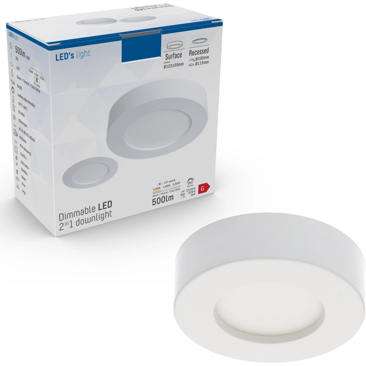 Weißer, dimmbarer LED Einbaustrahler, 6W, 500lm, CCT, Ø 10cm, mit Verpackung.