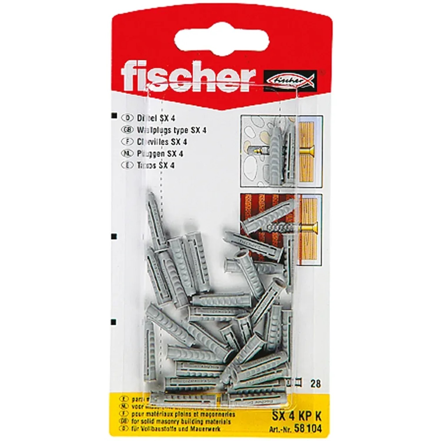 Fischer Spreizdübel SX 4x20, 28er Packung, geeignet für Voll- und Lochbaustoffe.