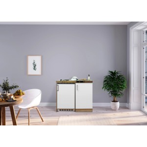 Respekta Miniküche MK100ESW in Weiß-Eiche Optik mit Kühlschrank und 2-Platten-Kochmulde.