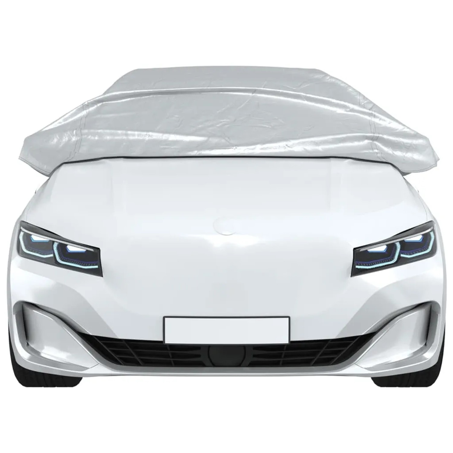 Silberne Autoabdeckung Halbgarage XL von vidaXL schützt Auto vor Frost und UV-Strahlen.