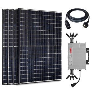 Jet-Line Balkonkraftwerk 1660W mit 4 Solarmodulen, Wechselrichter, Kabel und Stecker.