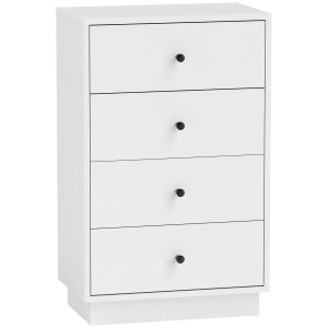 Weiße HOMCOM Kommode mit 4 Schubladen und schwarzen Griffen, ideal für Schlafzimmer und Wohnräume.