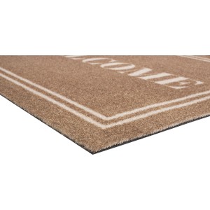 Fußmatte Welcome, 40x60 cm, braun mit weißem Schriftzug und Rand. Schmutzfangmatte für den Eingangsbereich.