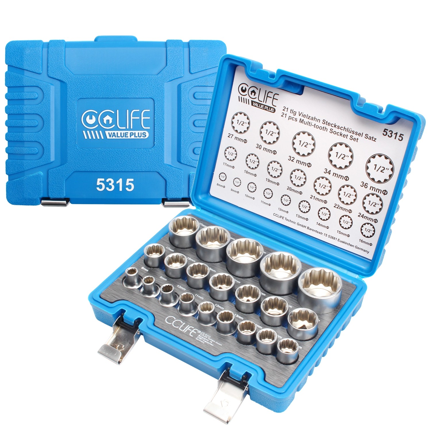 CCLIFE 1/2'' Vielzahn Nuss Steckschlüssel Set 21tlg für 6 und 12 Kant 8-36m günstig online kaufen