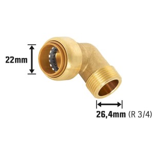Steck-Winkel aus Messing, 22 mm x 26,4 mm (R 3/4), für Gewindefittings in Heizung & Wasserinstallation.