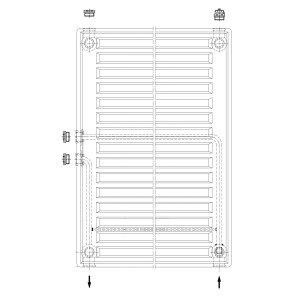 Technische Zeichnung: Flachheizkörper 60x60 cm, 968 W mit Mittelanschluss für Heizung.