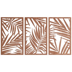 3-teilige Wanddeko aus Holz mit Farn Motiv in Mahagoni Optik, 168x90 cm.