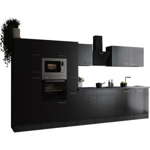 Respekta Küchenzeile Oliver 370 cm in Schwarz mit E-Geräten und Spüle.