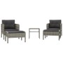 Graues 5-tlg. vidaXL Garten-Lounge-Set aus Rattan mit dunklen Kissen, bestehend aus Sesseln, Hockern und Tisch.