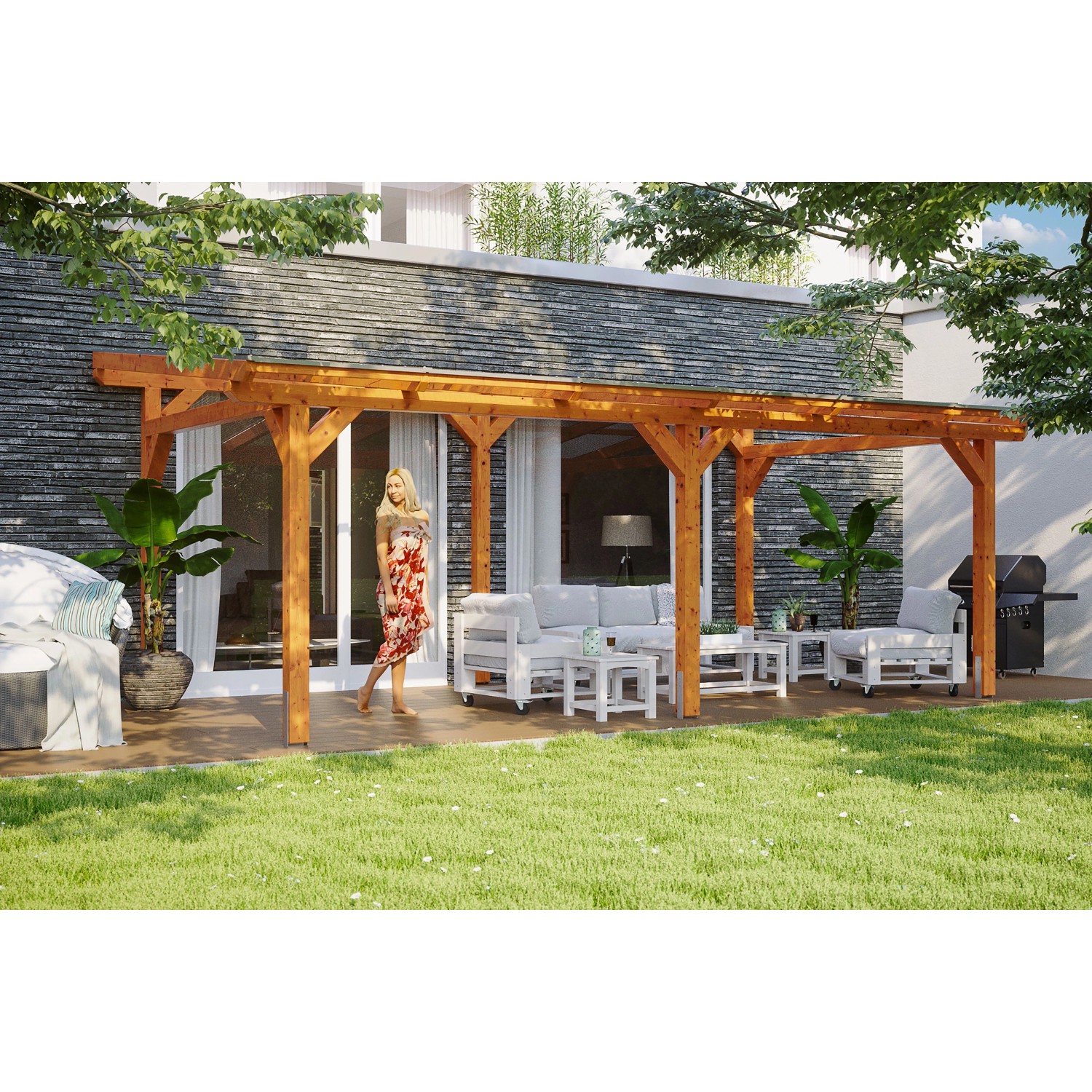 Skan Holz Terrassenüberdachung Siena 648 x 350 cm Leimholz Eiche hell günstig online kaufen