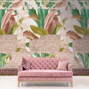 Fototapete Ziegelstein/Palmen beige/braun/grün, matte Vliestapete mit Steinoptik und Pflanzenmotiven.