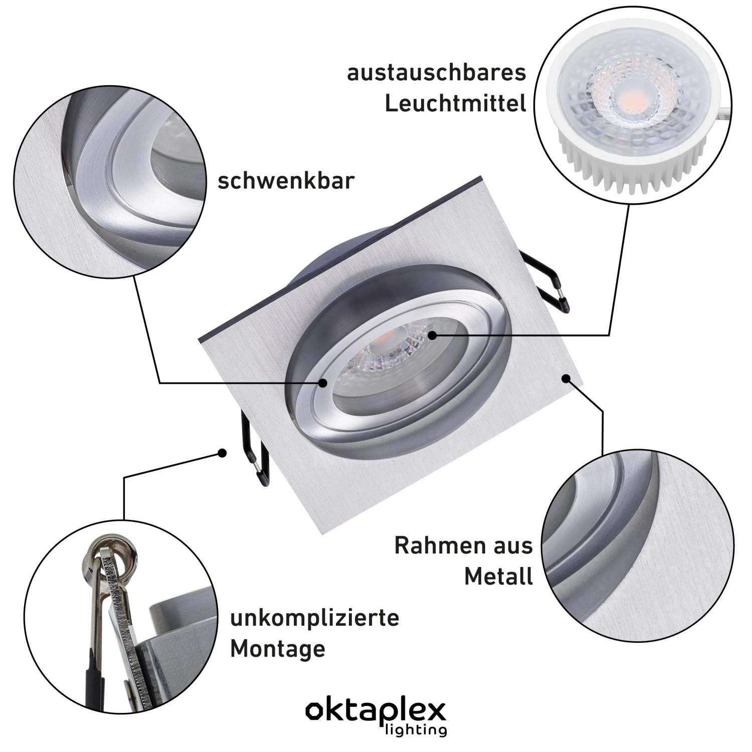 Oktaplex Einbaustrahler 6er Set Lyon, schwenkbar, dimmbar, warmweiß, Aluminium Deckenspot.