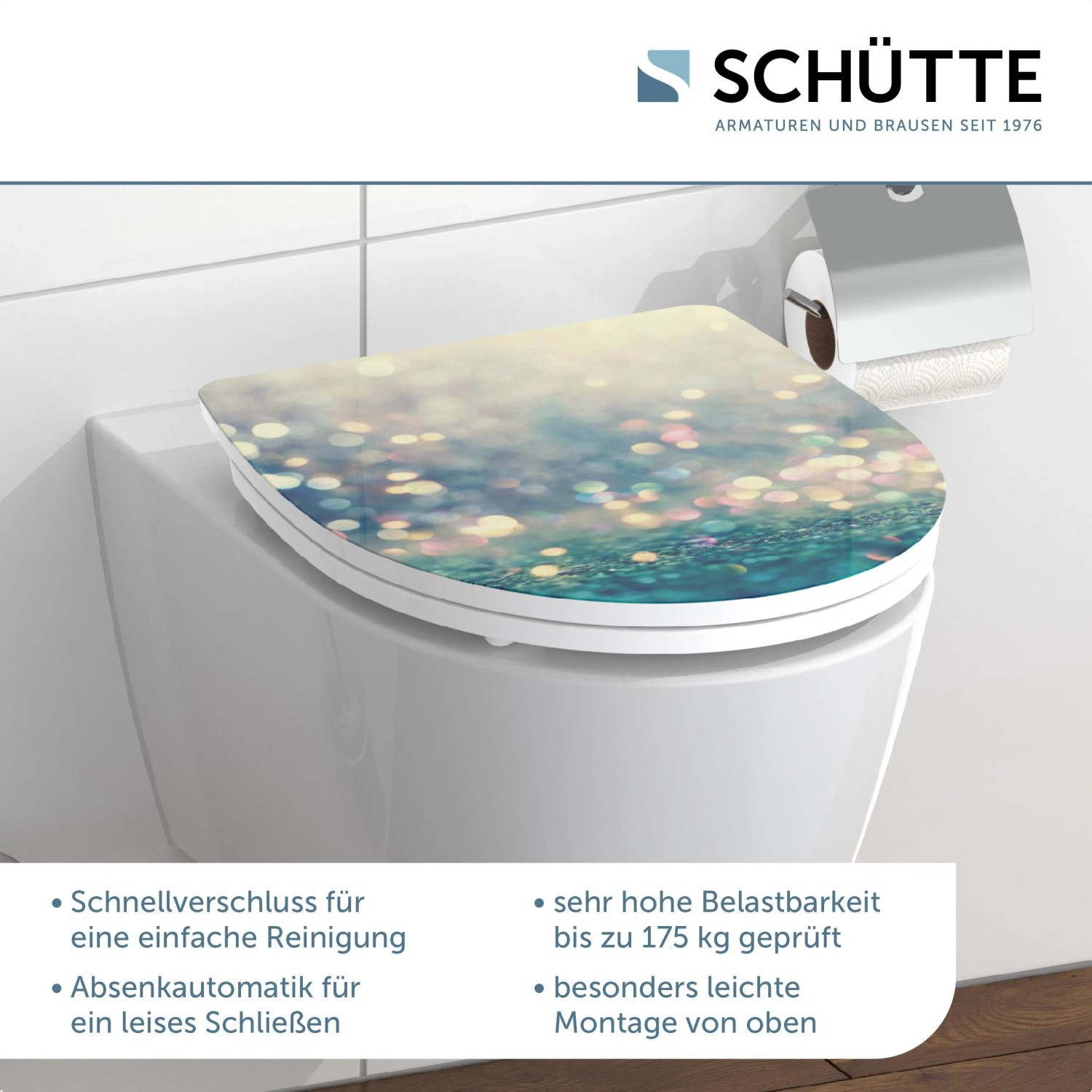Schütte WC-Sitz Duroplast HG Magic Light mit Absenkautomatik und Motivdruck auf einer Toilette.