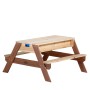 Axi Picknicktisch Nick mit Sand- und Wasserbereich, braunes Holz mit Sonnenschirm.