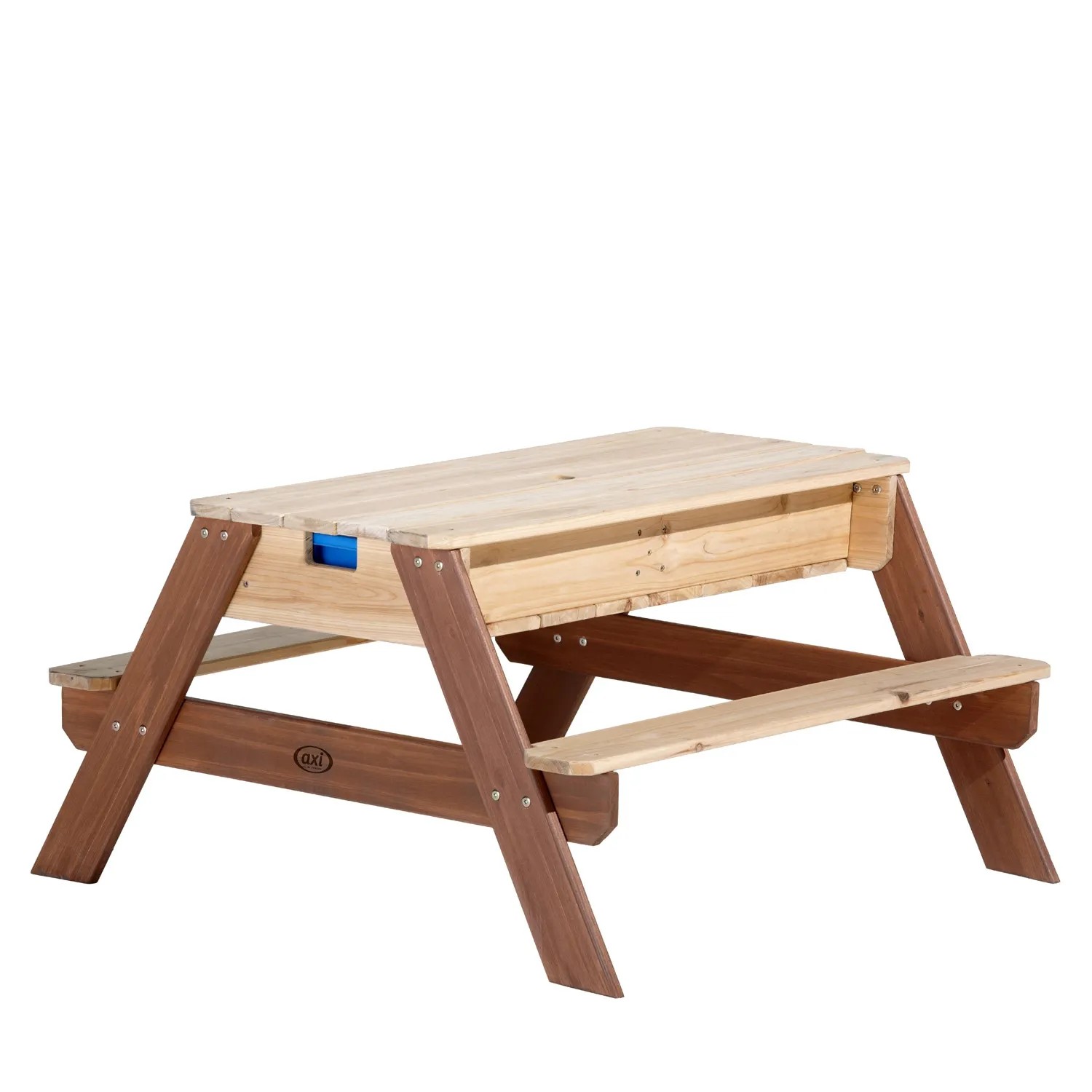 Axi Picknicktisch Nick mit Sand- und Wasserbereich, braunes Holz mit Sonnenschirm.