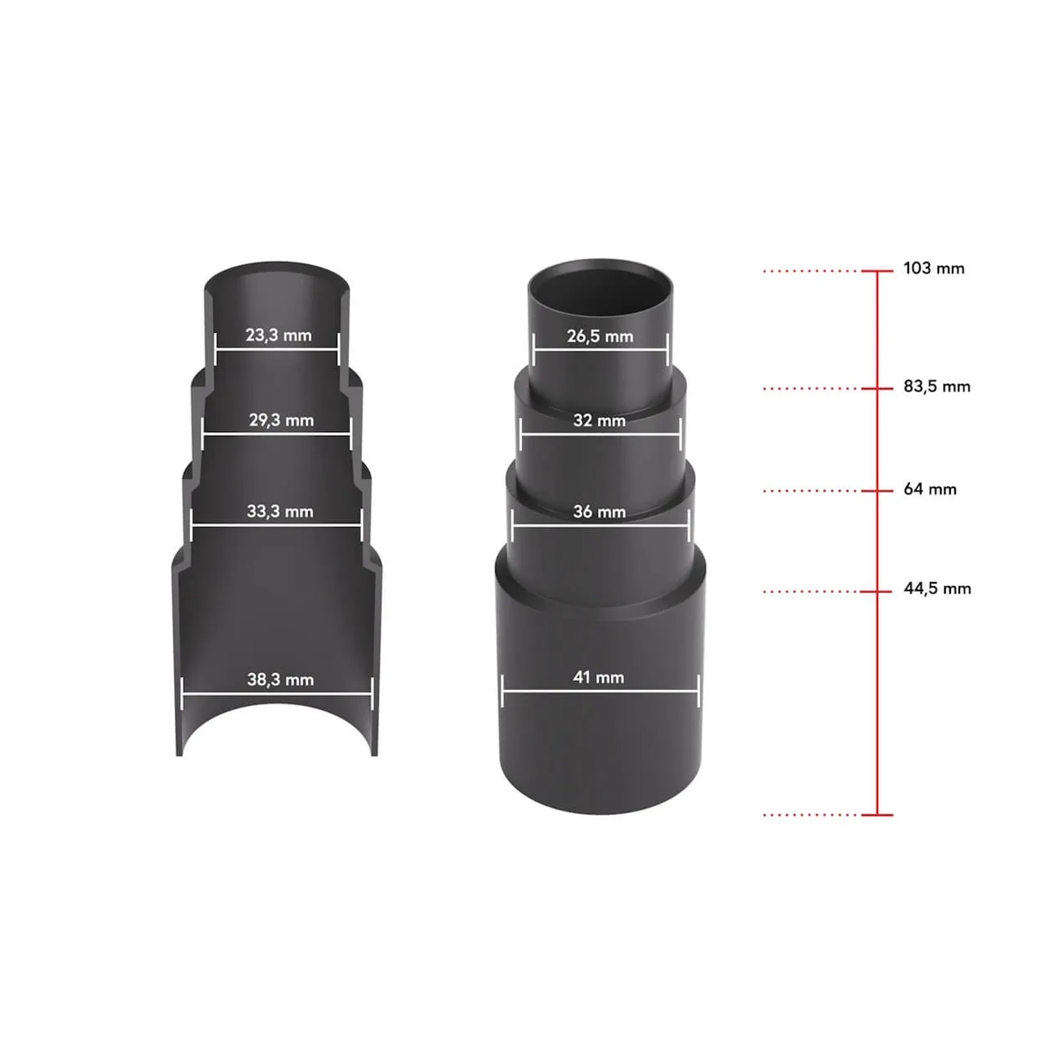 Bauheld Staubsaugeradapter, 3er Set, schwarz, mit Größenangaben für Staubsauger Zubehör.
