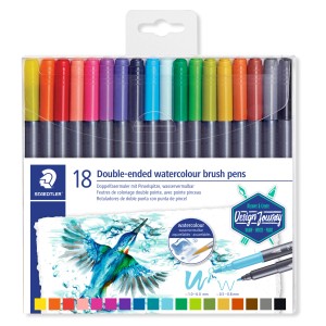 Staedtler Fasermaler Set mit 18 Stiften, zwei Spitzen und vielen Farben für Aquarell-Effekte.
