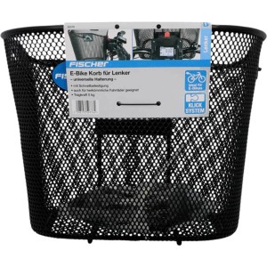 Schwarzer, engmaschiger Fischer Lenkerkorb für E-Bikes mit Schnellbefestigung und bis zu 5 kg Tragkraft.
