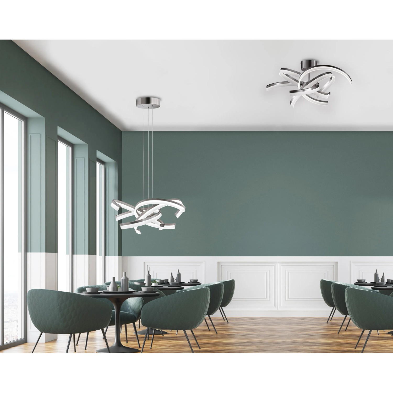 Moderne LED-Pendelleuchte Sund von Fischer & Honsel in Weiß-Nickel, 3400 lm, im Esszimmer.