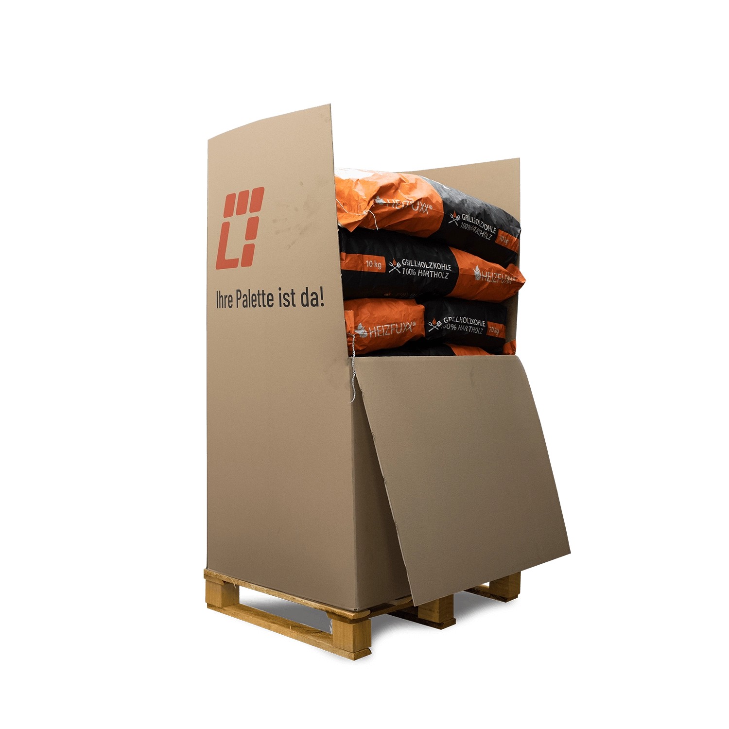 Palette mit 12 Säcken Heizfuxx Grillholzkohle Gastro-Qualität, je 10kg, in Kartonverpackung.