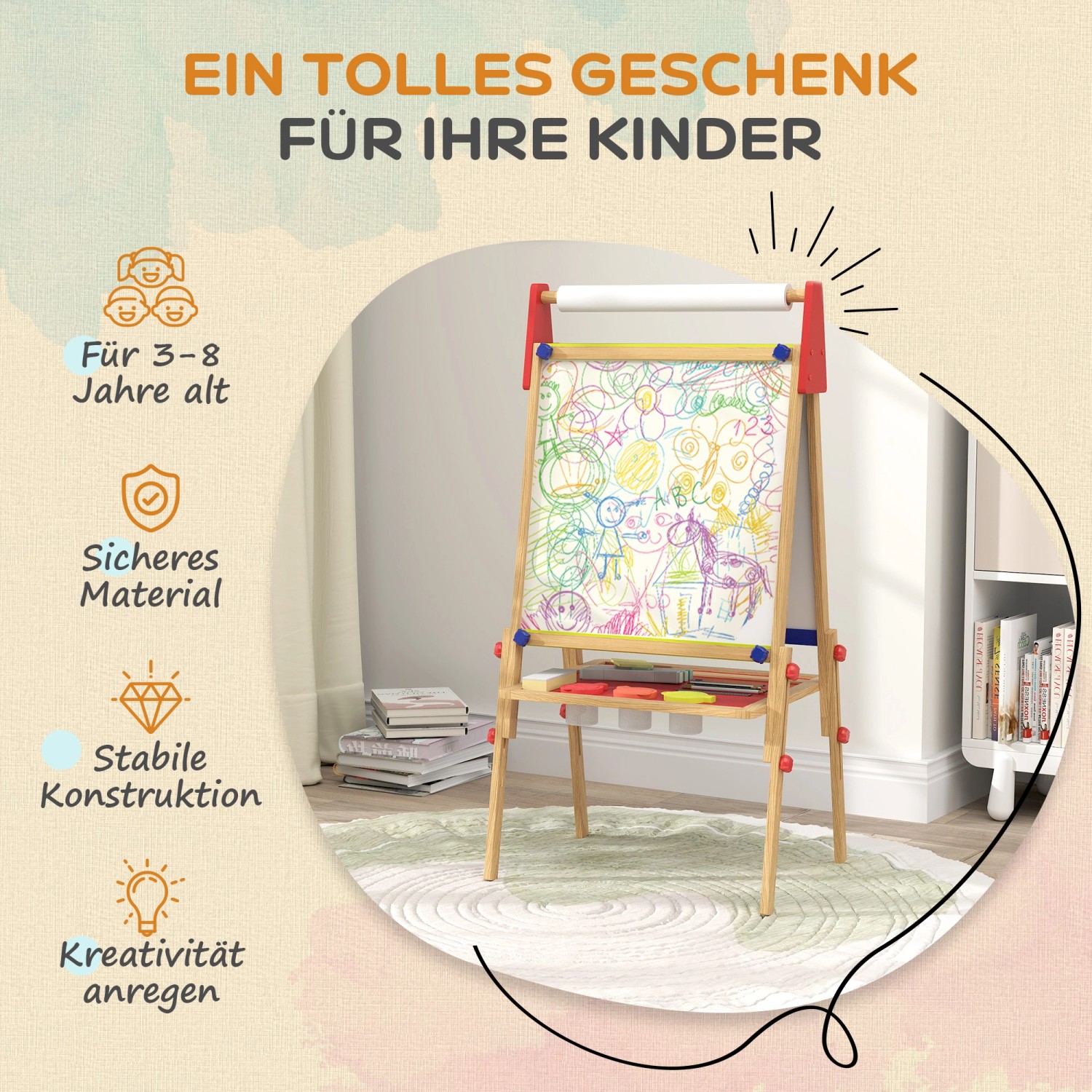 AIYAPLAY Kindertafel aus Kiefernholz, höhenverstellbare Staffelei mit Kreidetafel und Whiteboard.