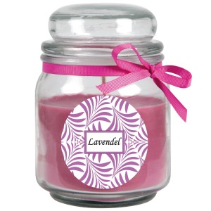 Duftkerze Lavendel im Glas mit Schleife, Ø9cm. Kerze für entspannte Atmosphäre.
