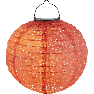 Rote Solar-Dekoleuchte Pellaro in Lampionform, Ø 25cm, mit Tragegriff für Garten und Balkon.