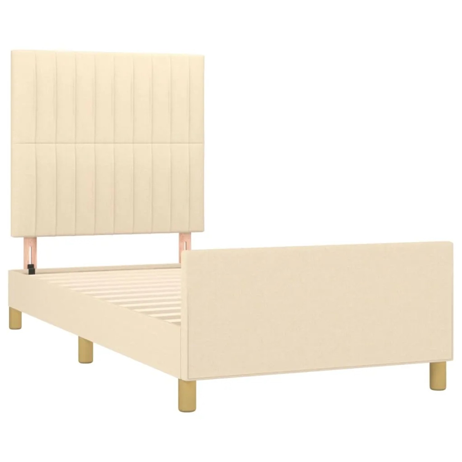 Cremefarbenes Stoff-Bettgestell (80x200 cm) mit Kopfteil. Bett mit Lattenrost und Füßen.