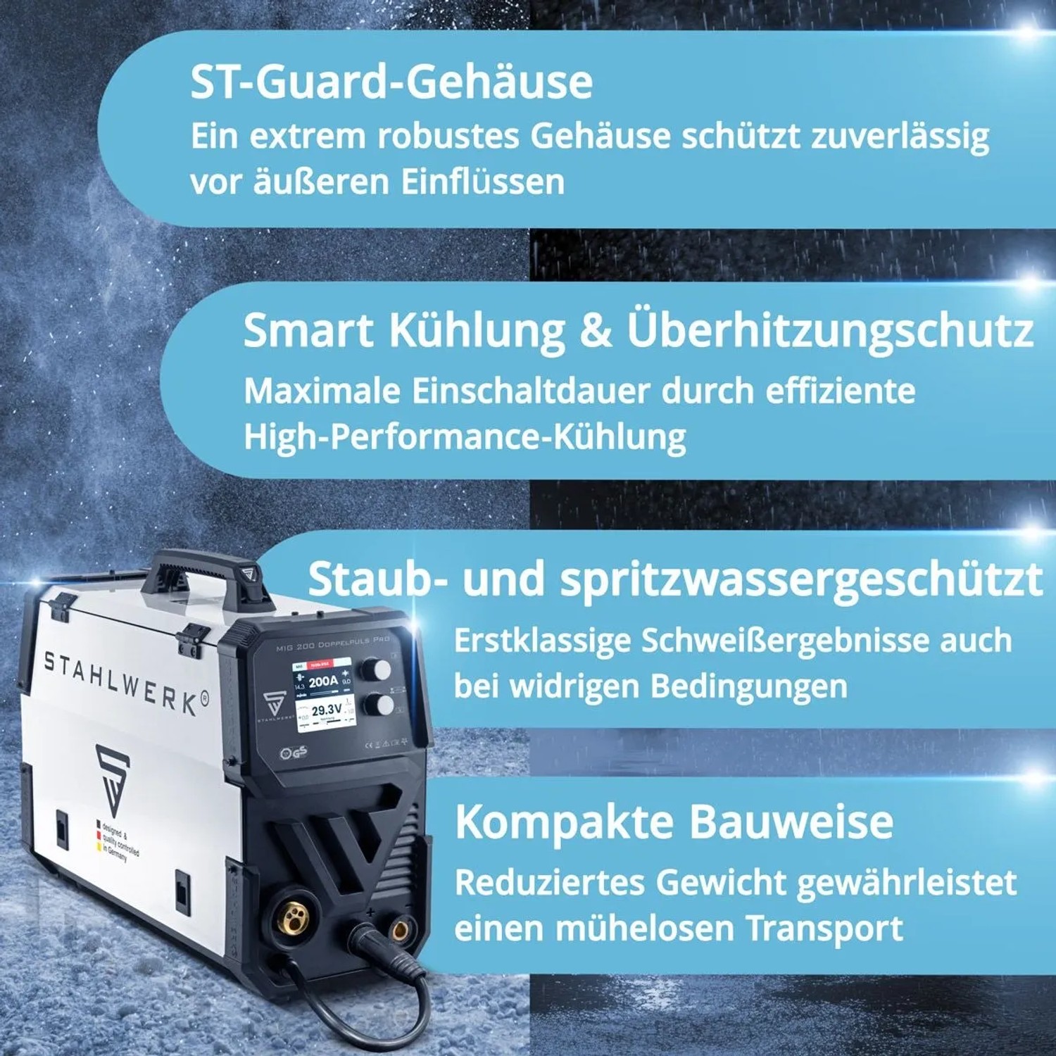 STAHLWERK MIG MAG 200 Doppelpuls Pro Schweißgerät, weiß-schwarz, robust, staub- & spritzwassergeschützt, 200A.
