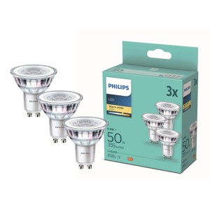 Philips LED GU10 Reflektor-Leuchtmittel 3er Set, 4,6W warmweiß, mit Produktverpackung.