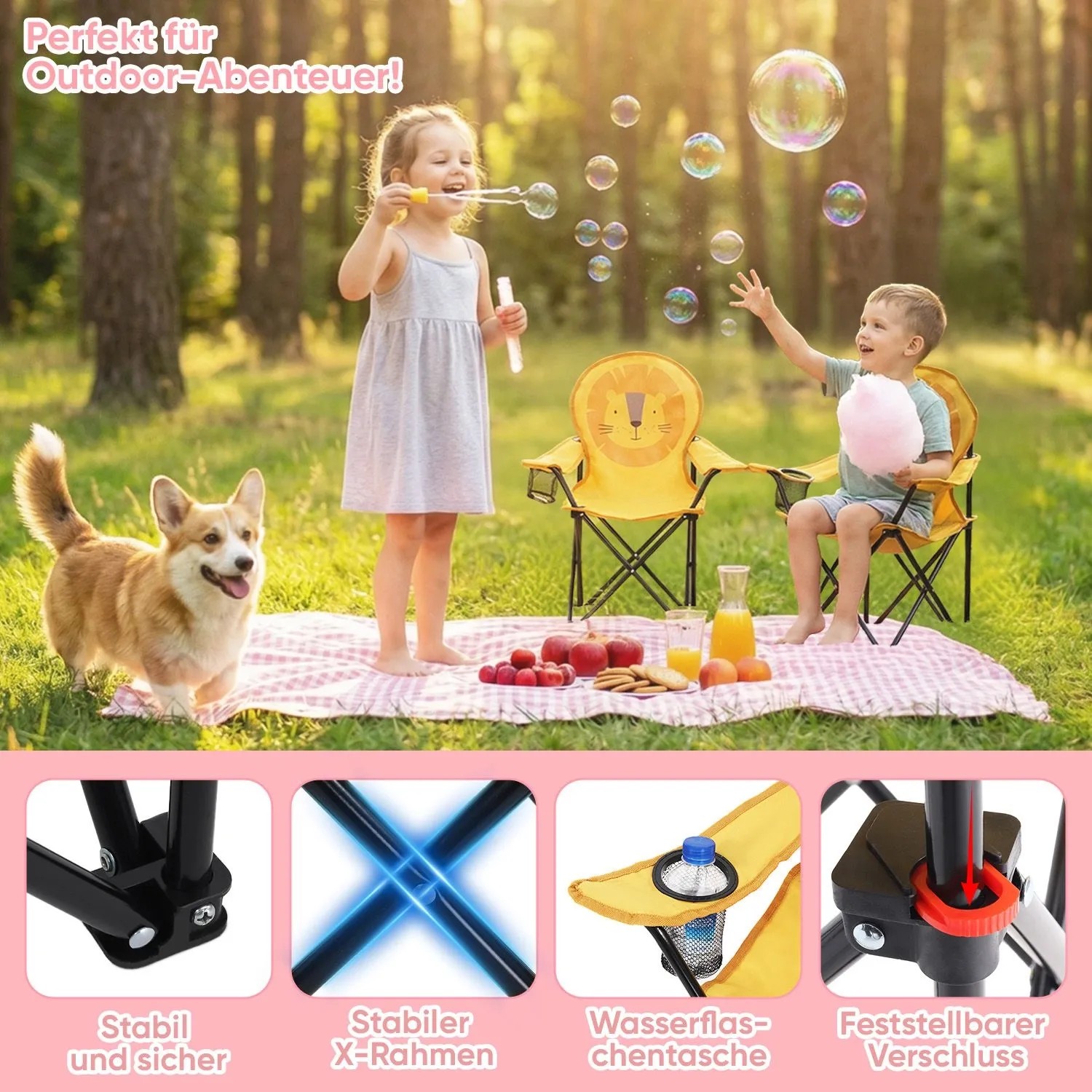 Kinder beim Camping mit gelben Sunula Campingstühlen mit Löwenmotiv. Ideal für Outdoor-Abenteuer.