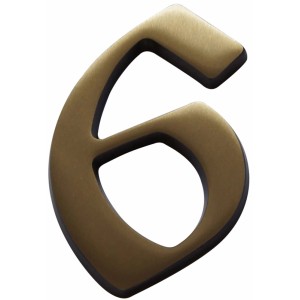 Bronzefarbene Hausnummer 6 aus Messing für die Wandmontage.