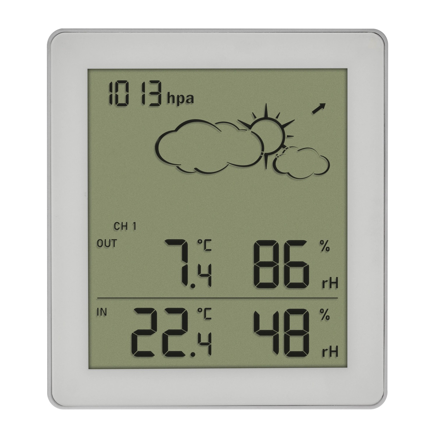 Weiße TFA Funk-Wetterstation Clear mit Anzeige von Innen- und Außentemperatur.