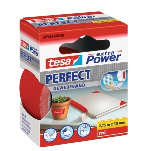 Tesa Extra Power Perfect Gewebeband, rot, 2,75 m x 38 mm. Vielseitiges Klebeband zum Basteln, Reparieren und Befestigen.