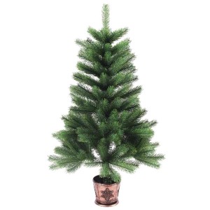 Grüner künstlicher Weihnachtsbaum, 90 cm, mit naturgetreuen Nadeln und bronzefarbenem Topf mit Schneeflocken.