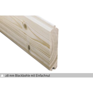 Detailaufnahme einer 28 mm Blockbohle mit Nut für Skan Holz Gartenhaus Alicante 1.