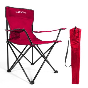 24MOVE Campingstuhl, rot, mit Getränkehalter und Tragetasche. Faltbarer Outdoor-Stuhl bis 100kg.