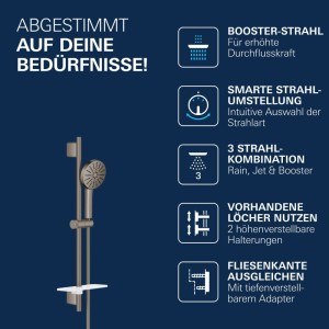 Grohe Vitalio Joy+ 120 Brausestangen-Set Anthrazit. Handbrause mit 3 Strahlarten, verstellbarer Stange, Ablage.