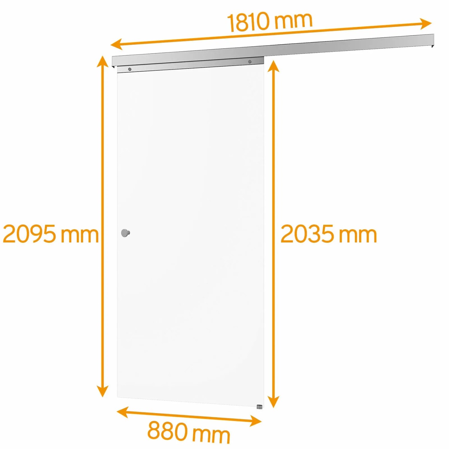 inova Glasschiebetür, satiniert, 880x2035mm, mit Griffmuschel und Maßen.